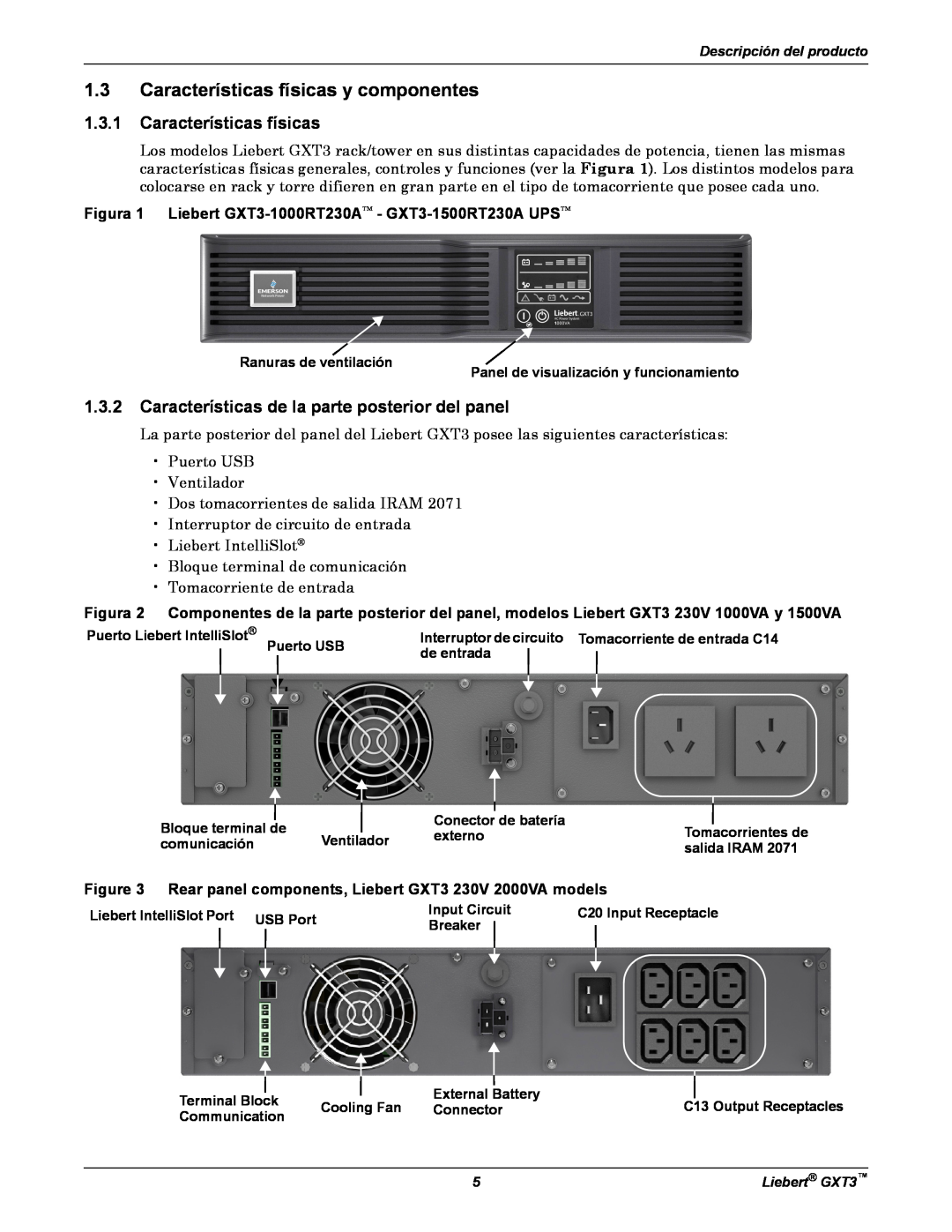 Emerson GXT3 manual Características físicas y componentes, Características de la parte posterior del panel 