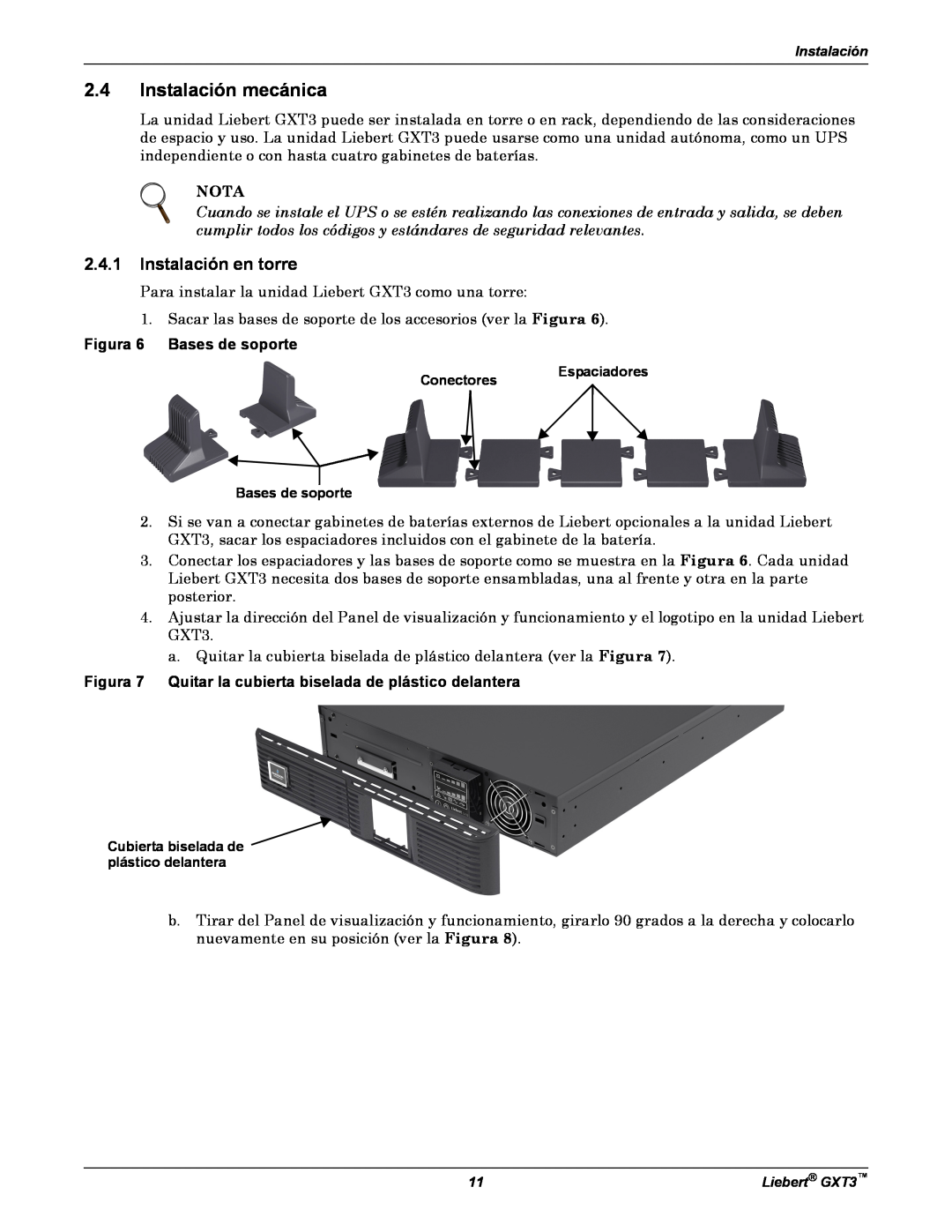 Emerson GXT3 manual Instalación mecánica, Instalación en torre, Nota, Figura 6 Bases de soporte 