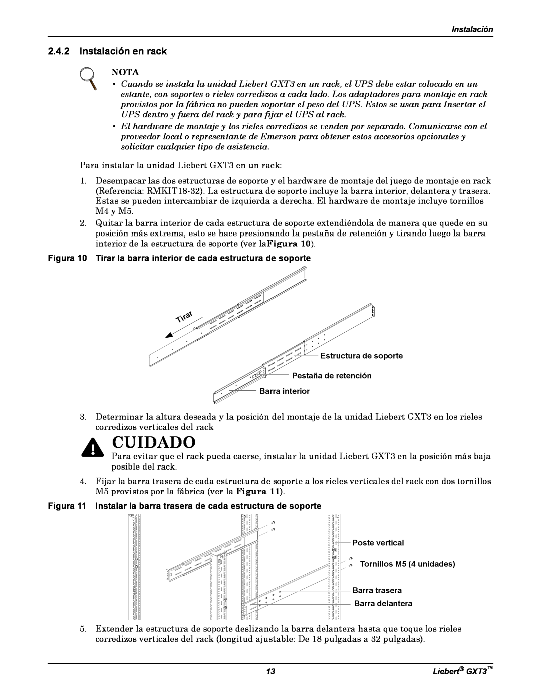 Emerson GXT3 manual Instalación en rack, Cuidado, Nota, Figura 10 Tirar la barra interior de cada estructura de soporte 