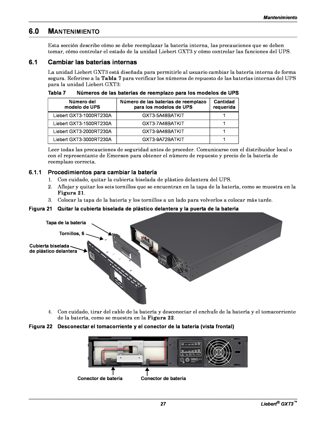Emerson GXT3 manual Cambiar las baterías internas, Mantenimiento, Procedimientos para cambiar la batería, Tabla 