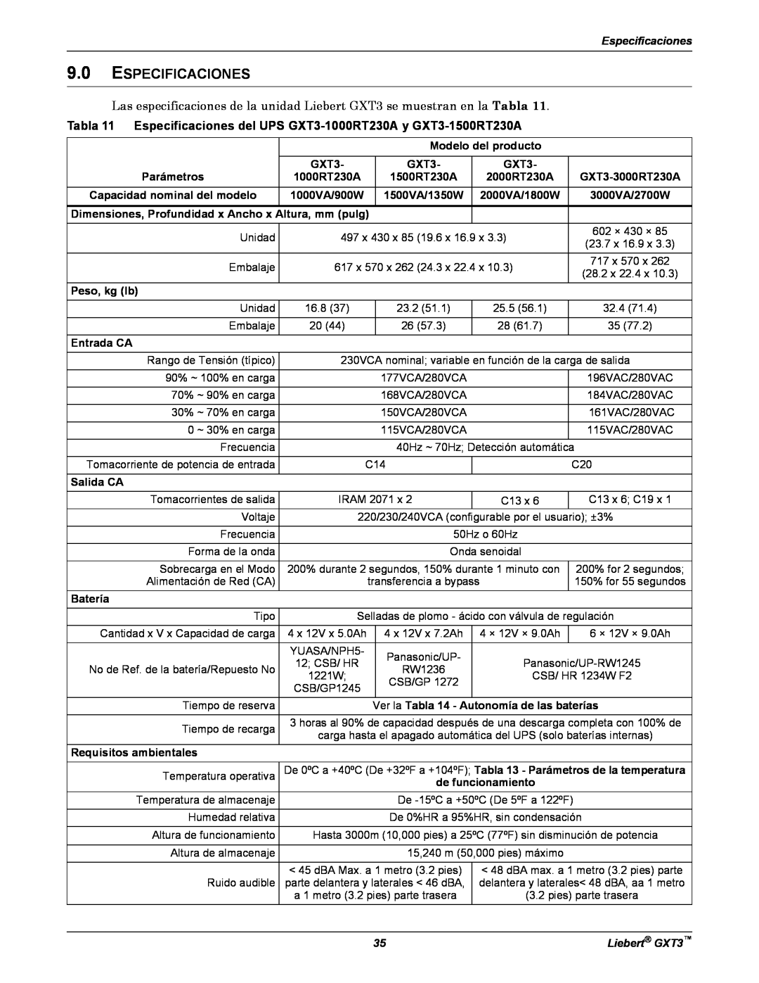 Emerson manual Tabla 11 Especificaciones del UPS GXT3-1000RT230A y GXT3-1500RT230A, Liebert GXT3 