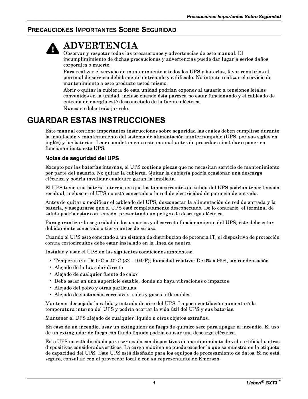Emerson GXT3 manual Advertencia, Precauciones Importantes Sobre Seguridad, Notas de seguridad del UPS 