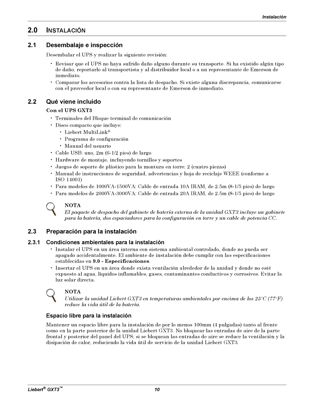 Emerson GXT3 manual Desembalaje e inspección, Qué viene incluido, Preparación para la instalación, Instalación 