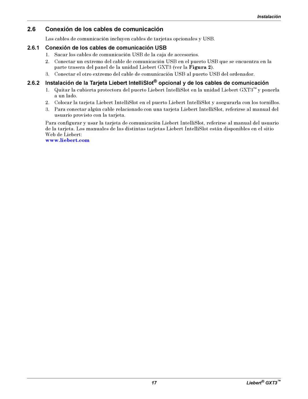 Emerson GXT3 manual Conexión de los cables de comunicación USB 