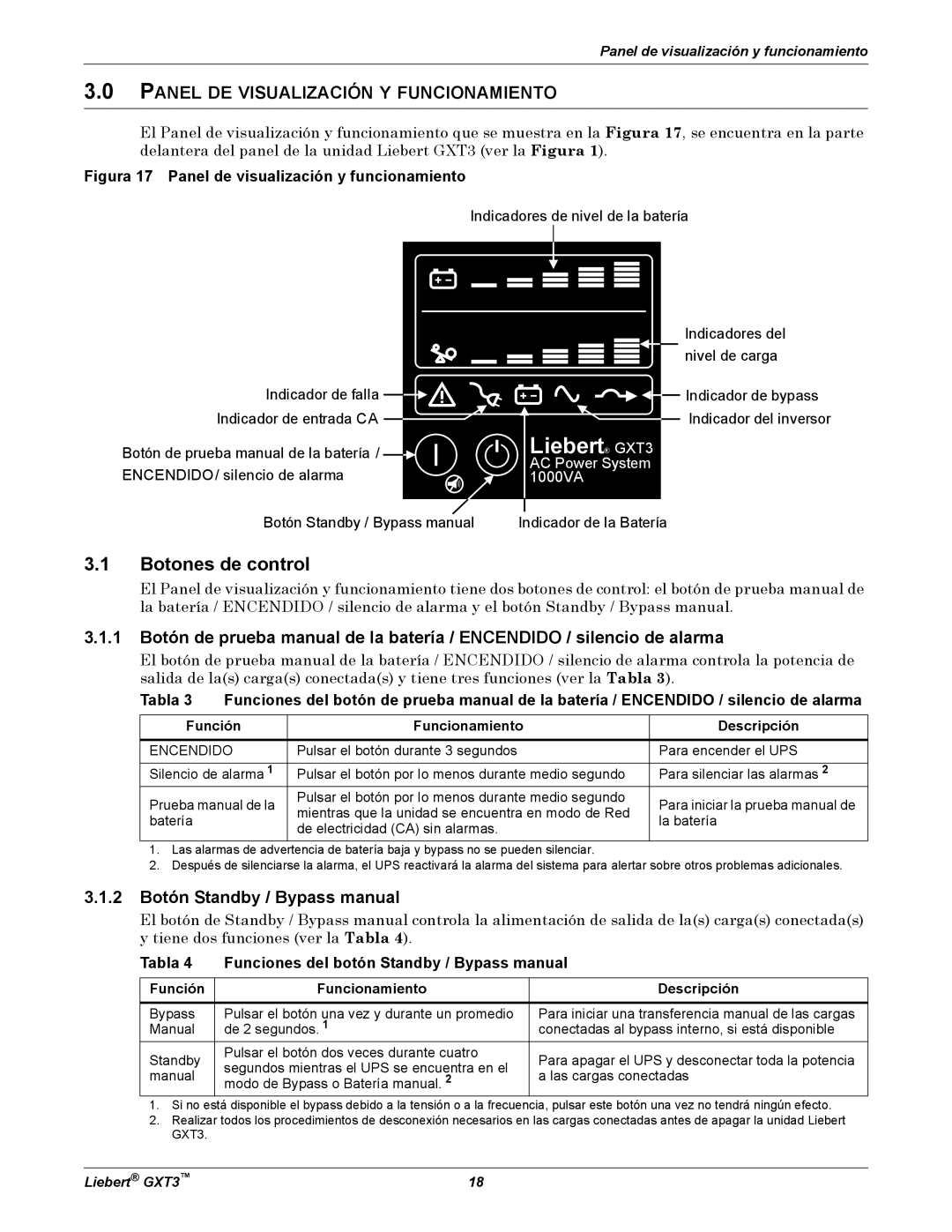 Emerson GXT3 Botones de control, Panel DE Visualización Y Funcionamiento, 2 Botón Standby / Bypass manual 