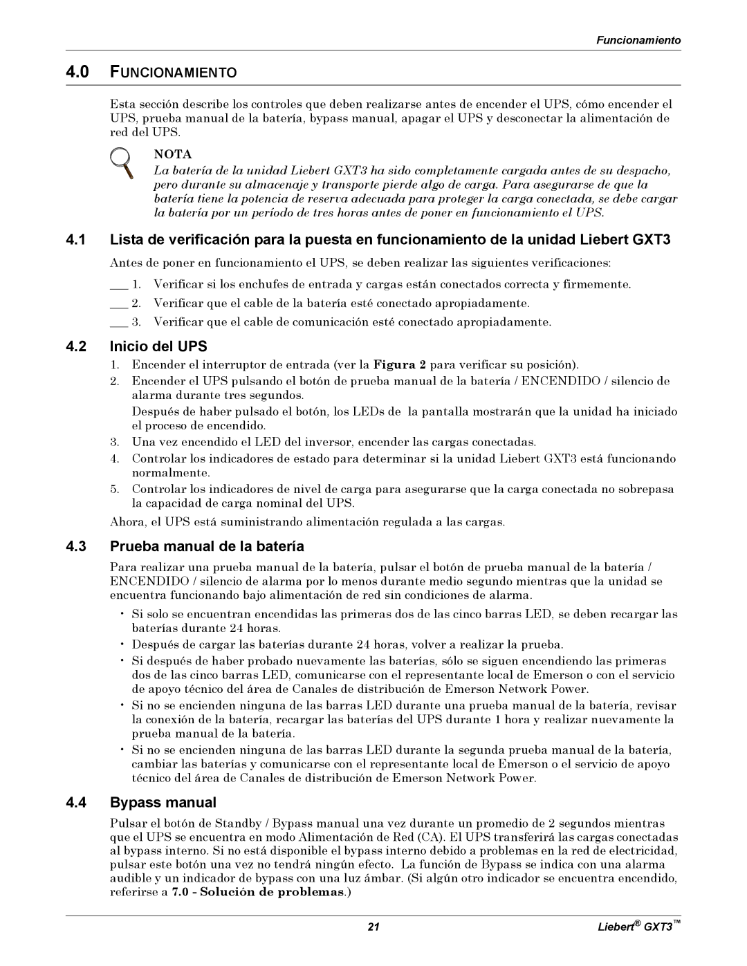 Emerson GXT3 Inicio del UPS, Prueba manual de la batería, Bypass manual, Funcionamiento 