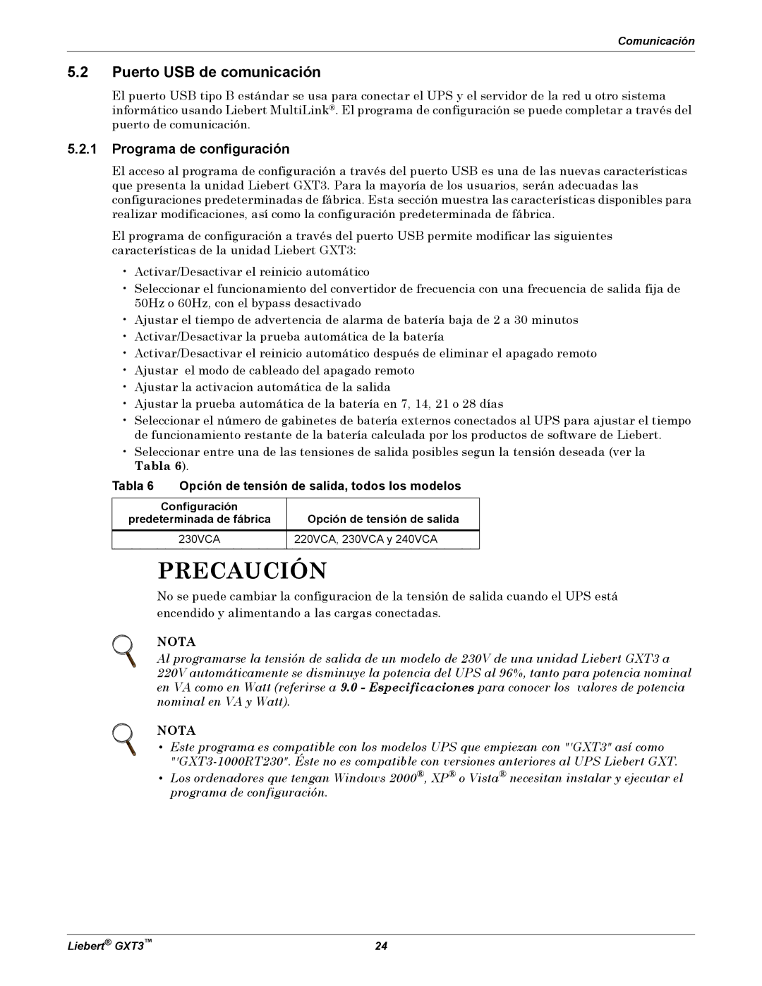 Emerson GXT3 Puerto USB de comunicación, Programa de configuración, Tabla 6 Opción de tensión de salida, todos los modelos 