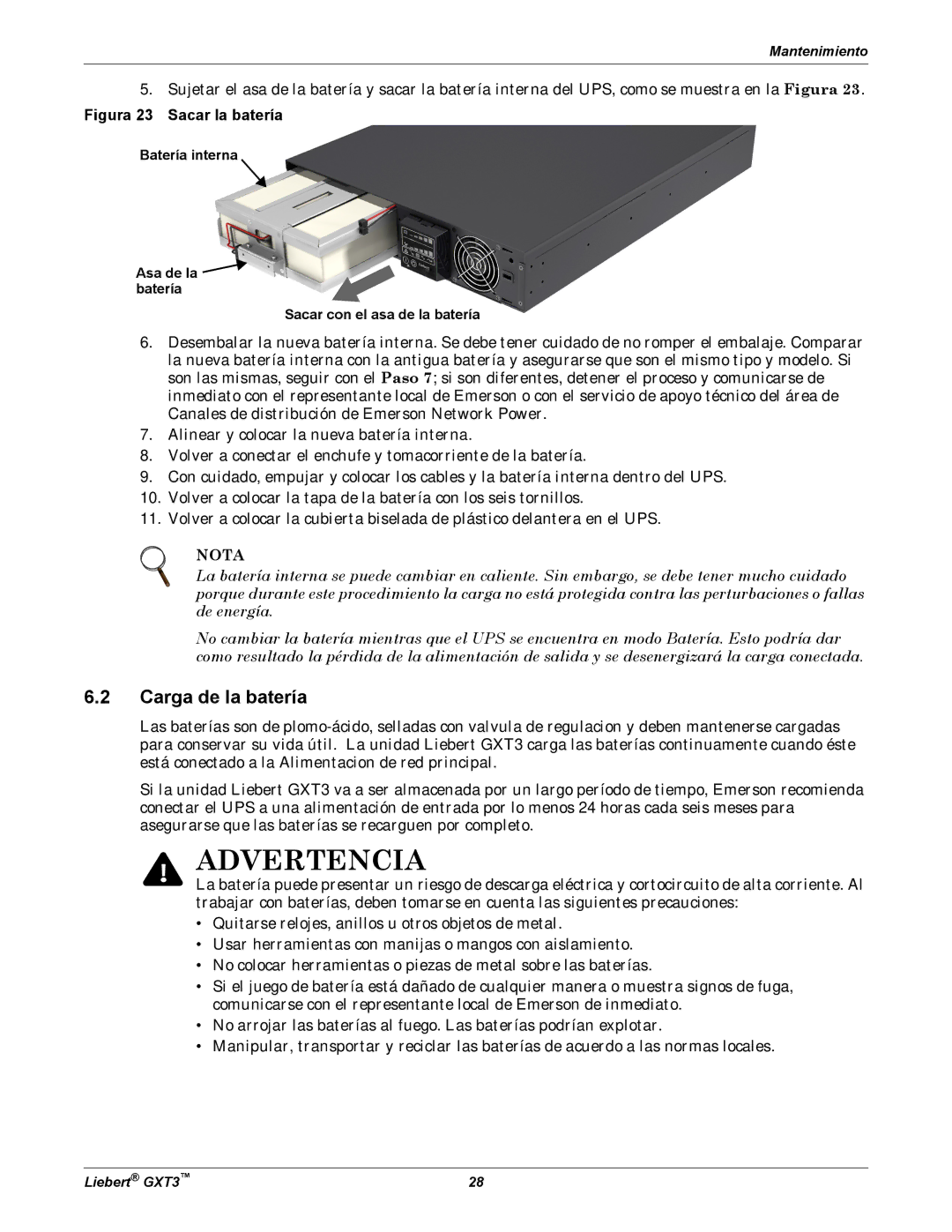 Emerson GXT3 manual Carga de la batería, Batería interna Asa de la Sacar con el asa de la batería 