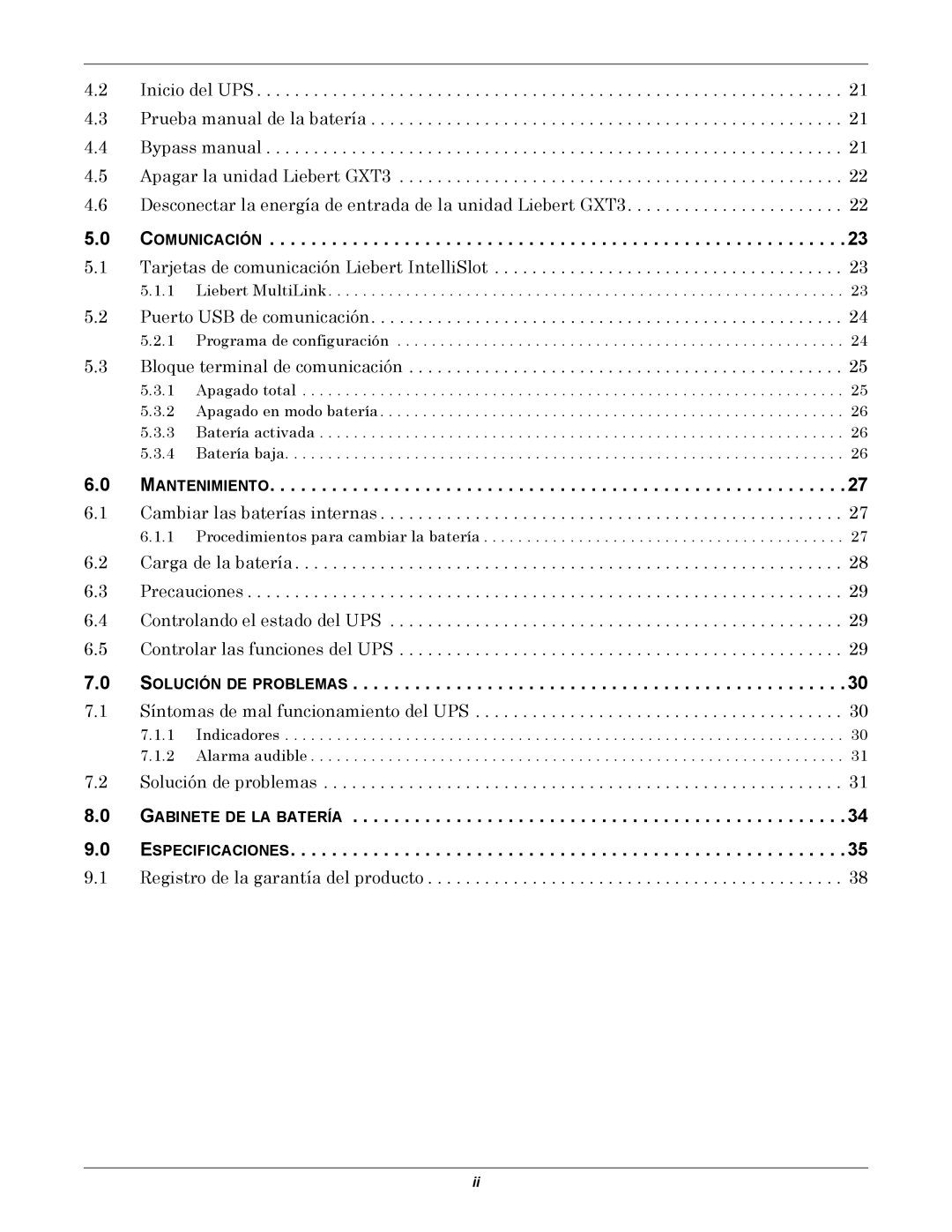 Emerson GXT3 manual Comunicación, Mantenimiento, Solución DE Problemas 