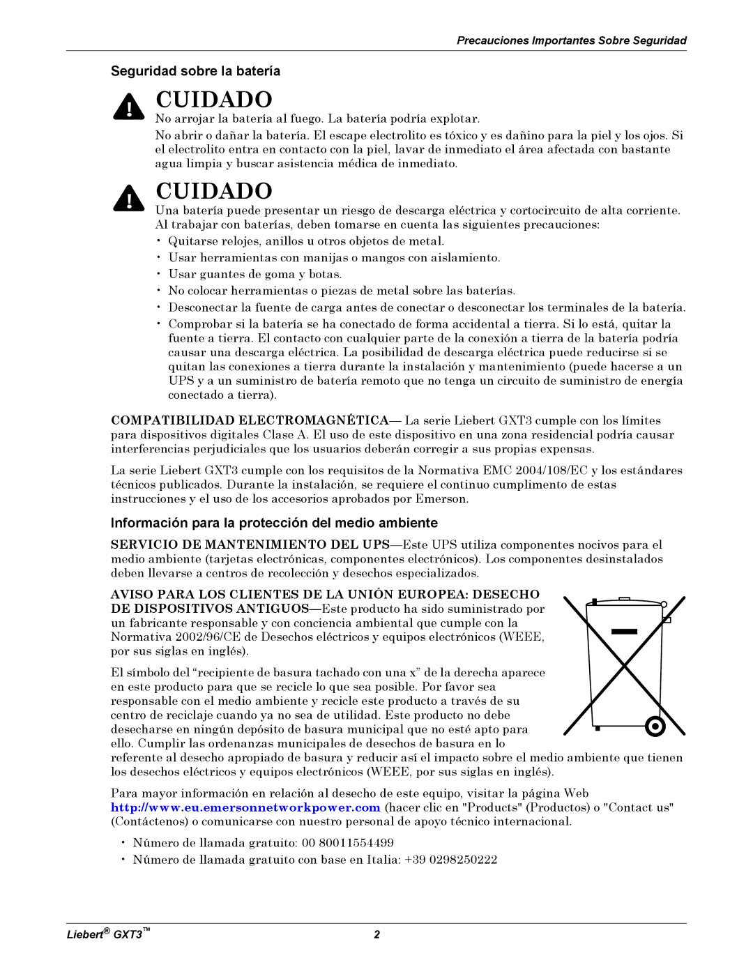 Emerson GXT3 manual Seguridad sobre la batería, Información para la protección del medio ambiente 