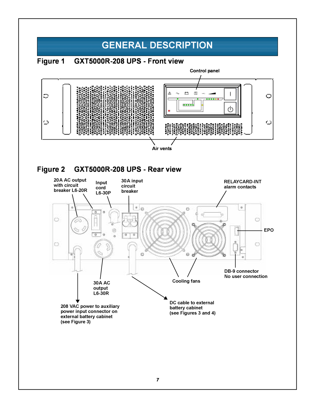 Emerson user manual General Description, GXT5000R-208UPS - Front view, GXT5000R-208UPS - Rear view 