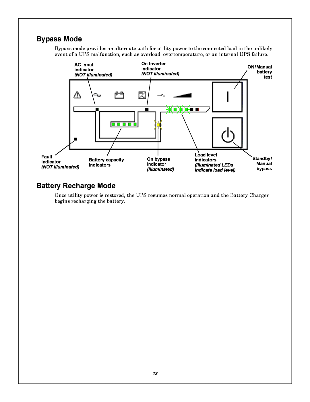 Emerson GXT5000R-208 user manual Bypass Mode, Battery Recharge Mode, NOT illuminated, NOTilluminated, illuminated LEDs 