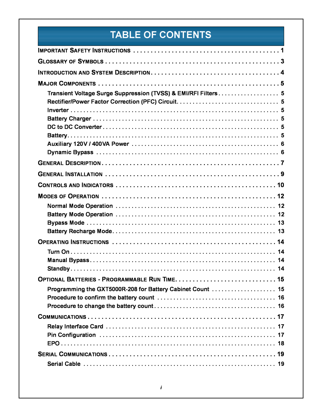 Emerson GXT5000R-208 user manual Table Of Contents 