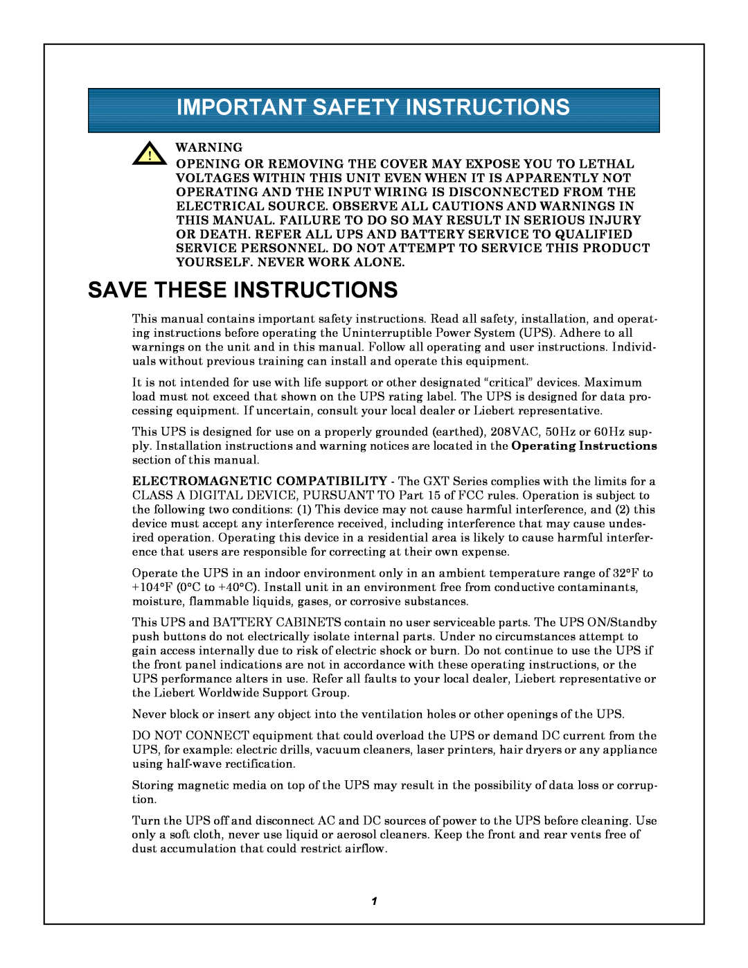 Emerson GXT5000R-208 user manual Important Safety Instructions, Save These Instructions 