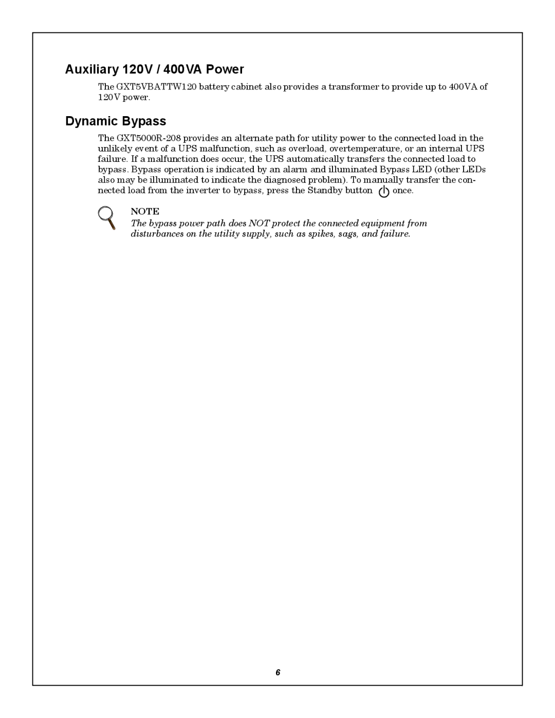 Emerson GXT5000R-208 user manual Auxiliary 120V / 400VA Power, Dynamic Bypass 