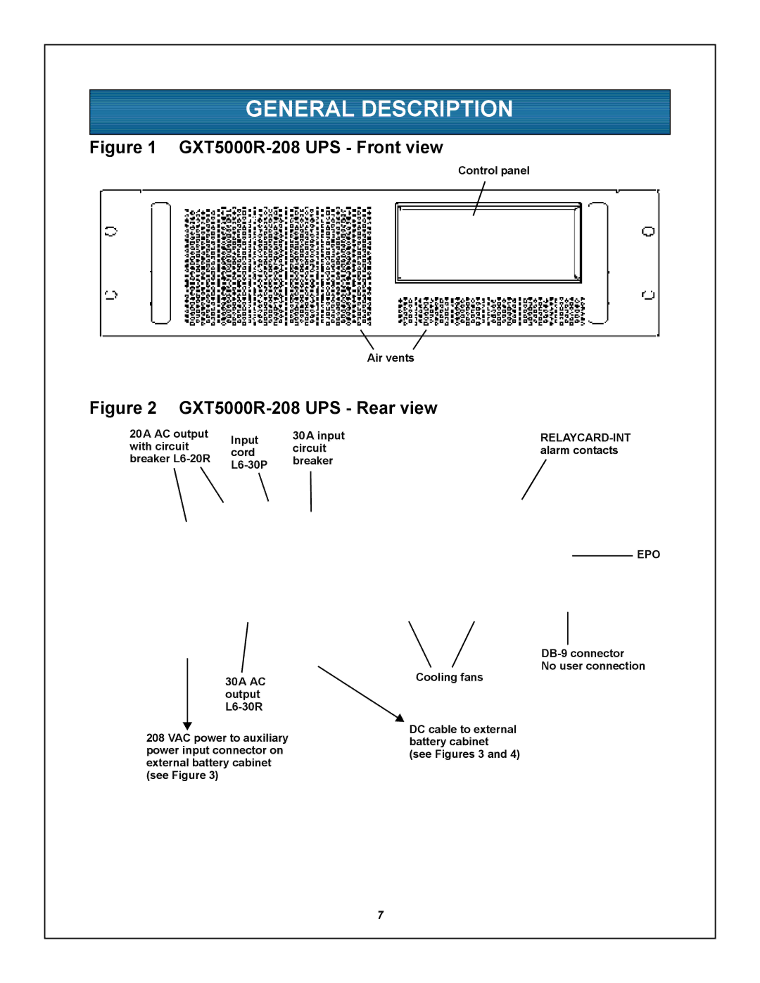 Emerson GXT5000R-208 user manual General Description, Control panel Air vents, DB-9 connector No user connection 