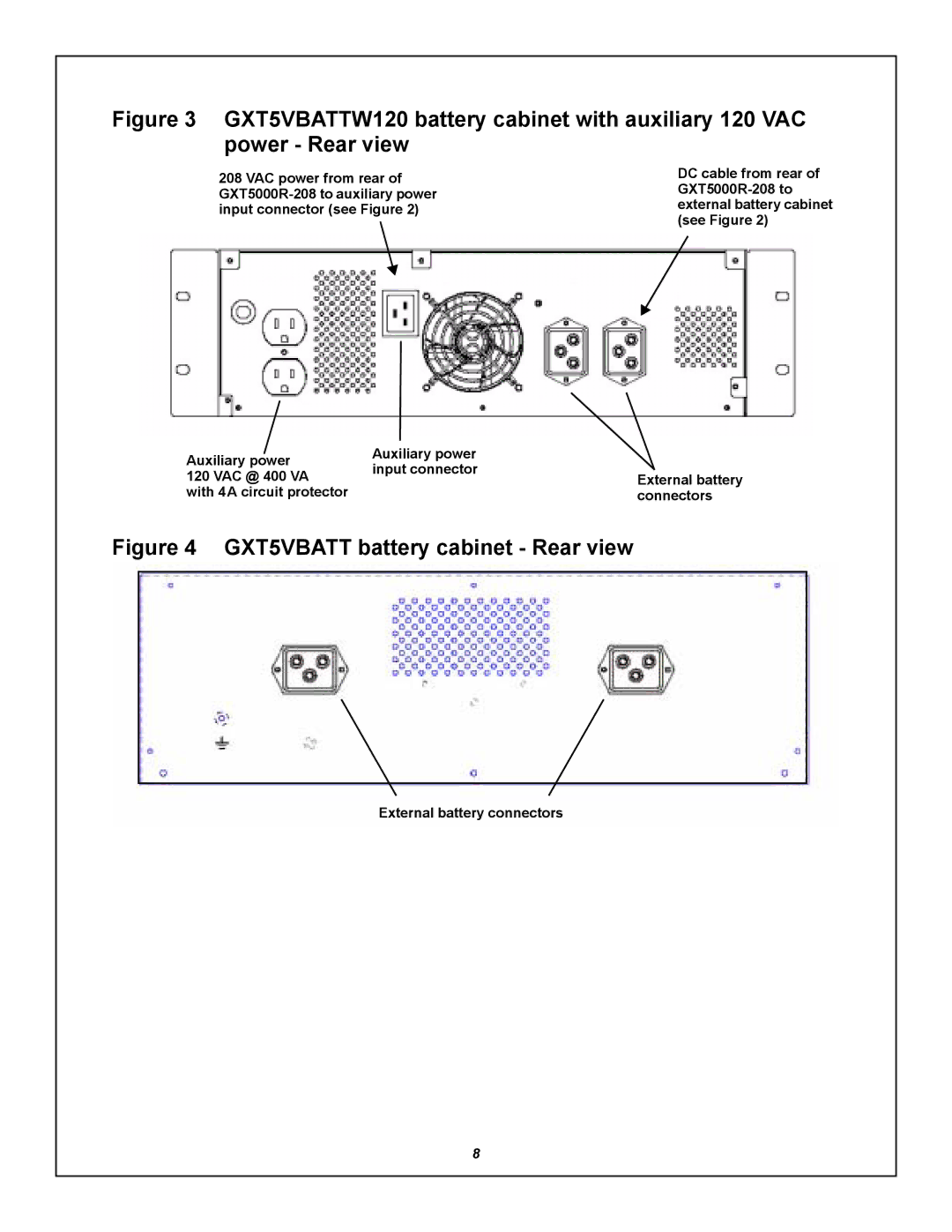Emerson GXT5000R-208 user manual GXT5VBATT battery cabinet Rear view, External battery connectors 