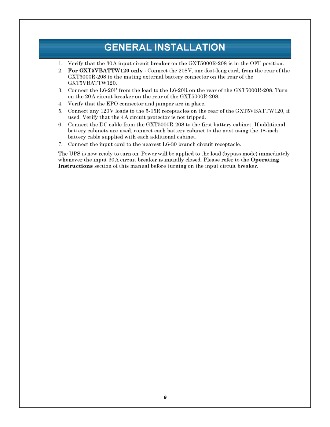 Emerson GXT5000R-208 user manual General Installation 