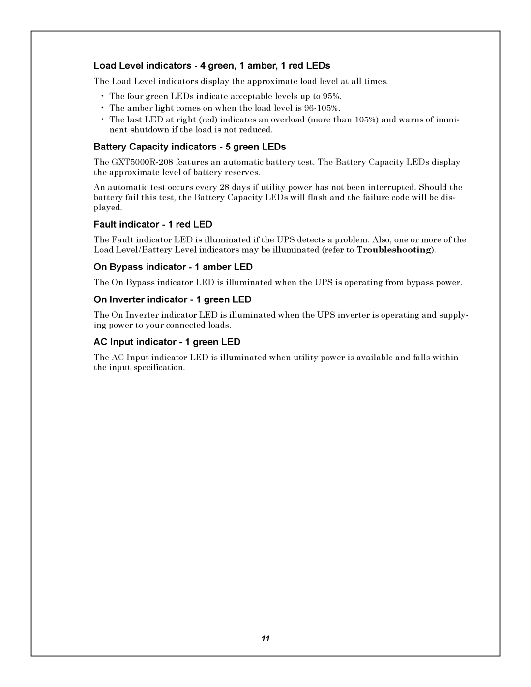 Emerson GXT5000R-208 user manual On Bypass indicator 1 amber LED 