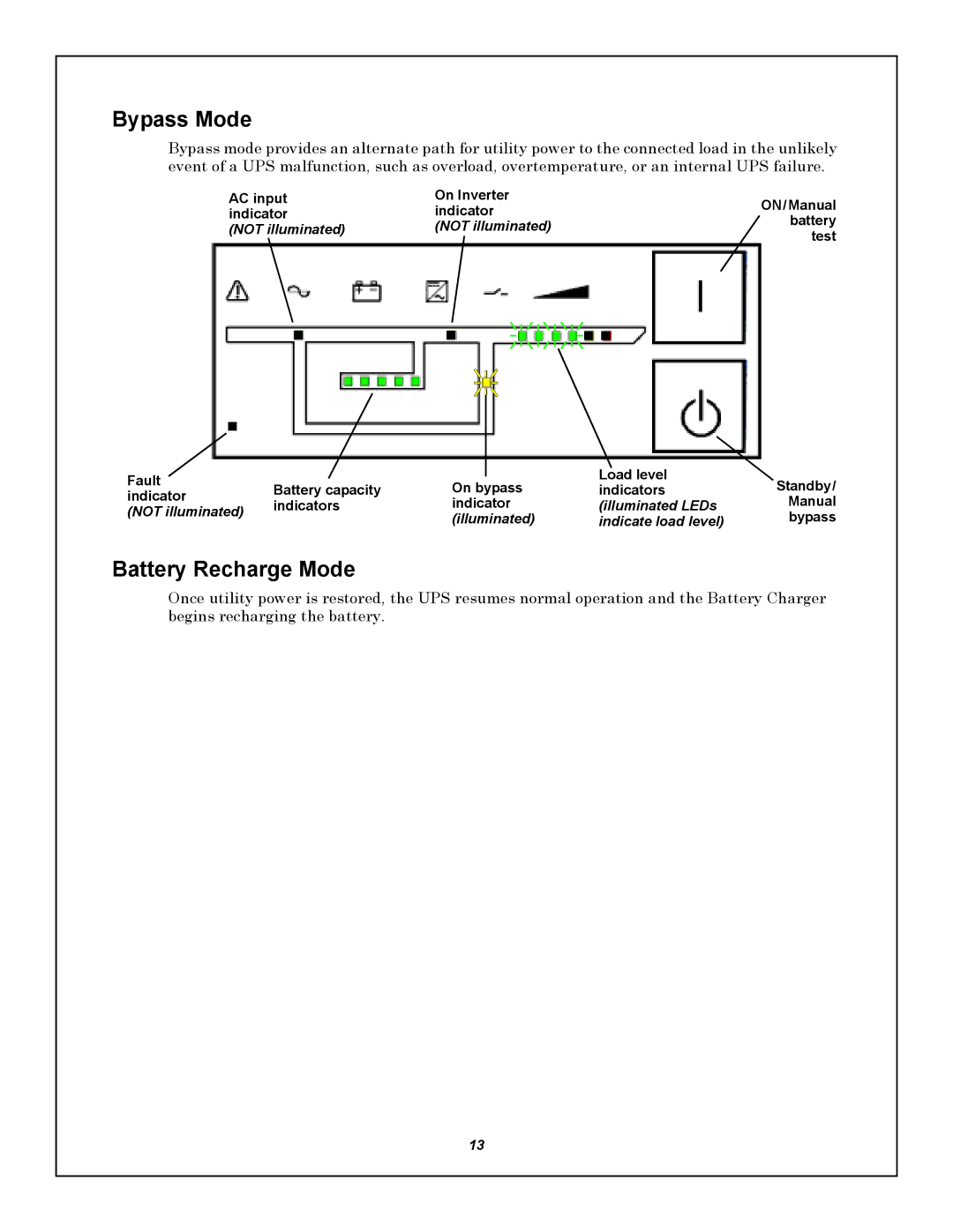 Emerson GXT5000R-208 user manual Bypass Mode, Battery Recharge Mode 