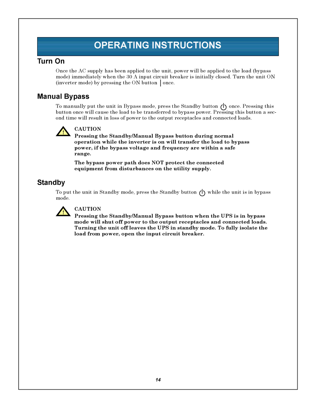 Emerson GXT5000R-208 user manual Operating Instructions, Turn On, Manual Bypass, Standby 