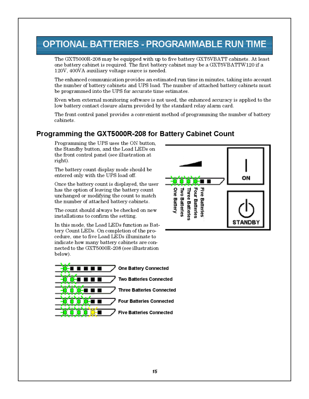 Emerson user manual Optional Batteries Programmable RUN Time, Programming the GXT5000R-208 for Battery Cabinet Count 