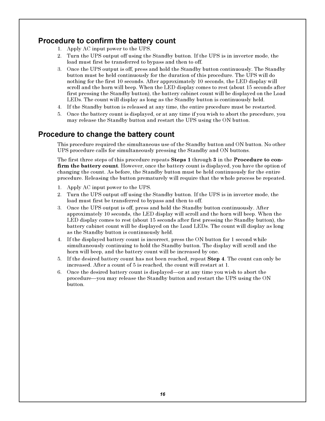 Emerson GXT5000R-208 user manual Procedure to confirm the battery count, Procedure to change the battery count 