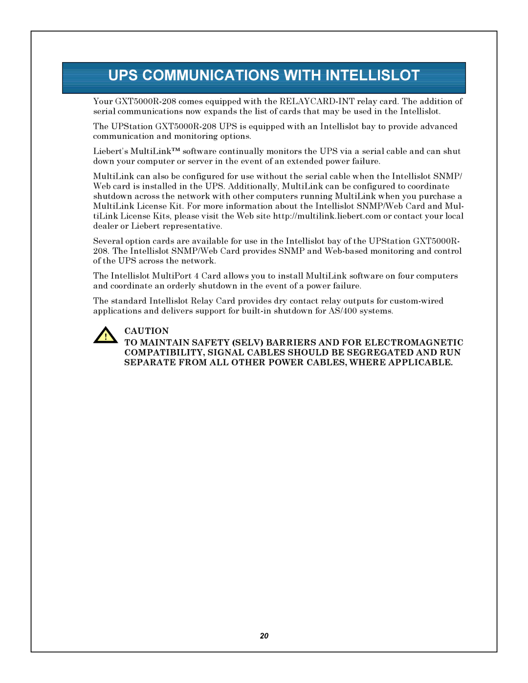 Emerson GXT5000R-208 user manual UPS Communications with Intellislot 