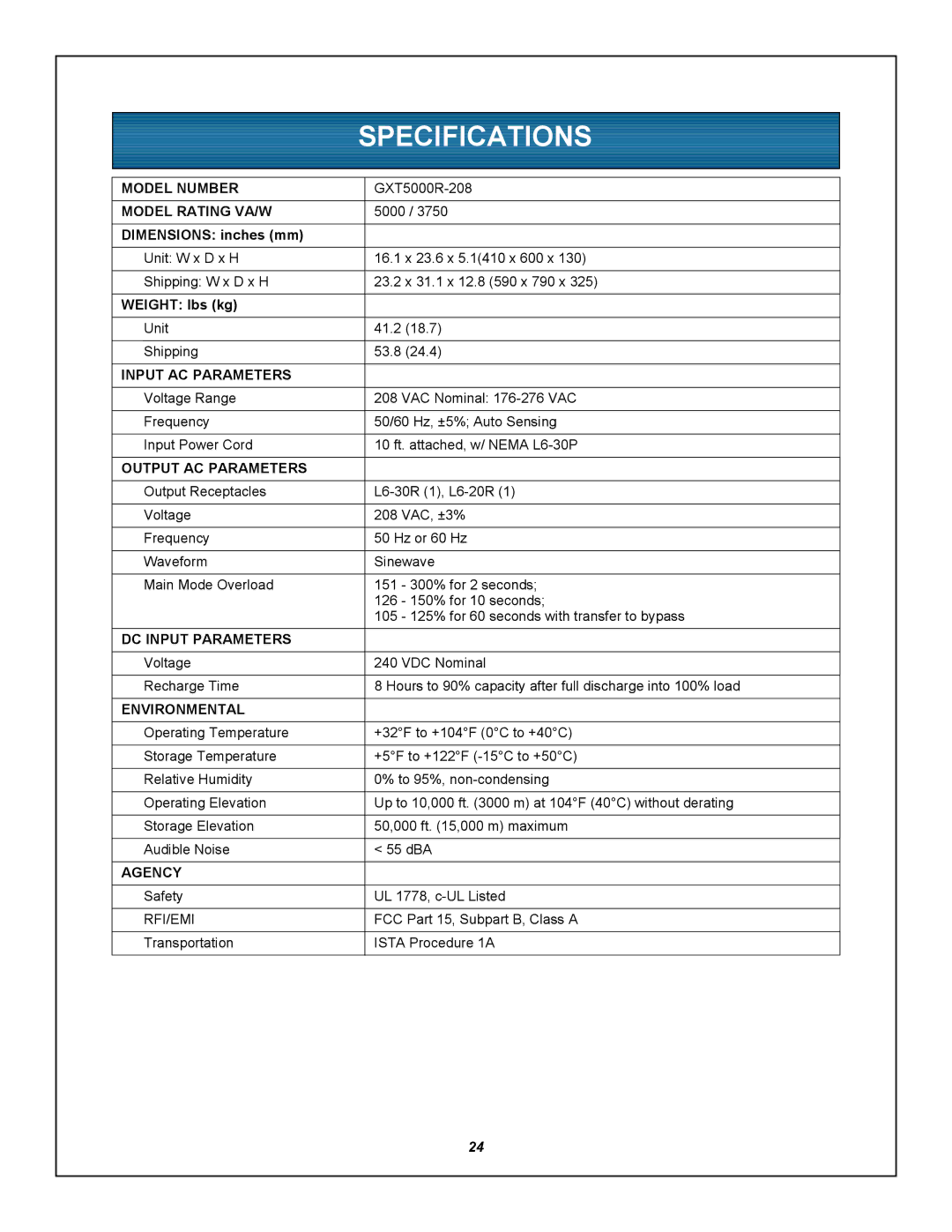 Emerson GXT5000R-208 user manual Specifications, Dimensions inches mm, Weight lbs kg 