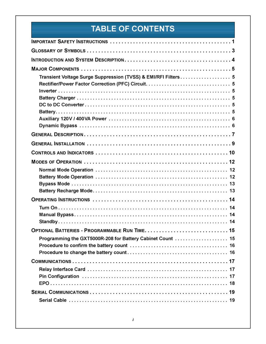 Emerson GXT5000R-208 user manual Table of Contents 