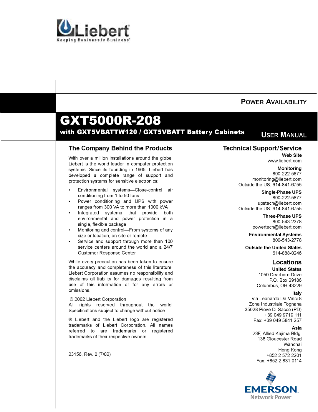 Emerson GXT5000R-208 user manual United States, Asia 23F, Allied Kajima Bldg 