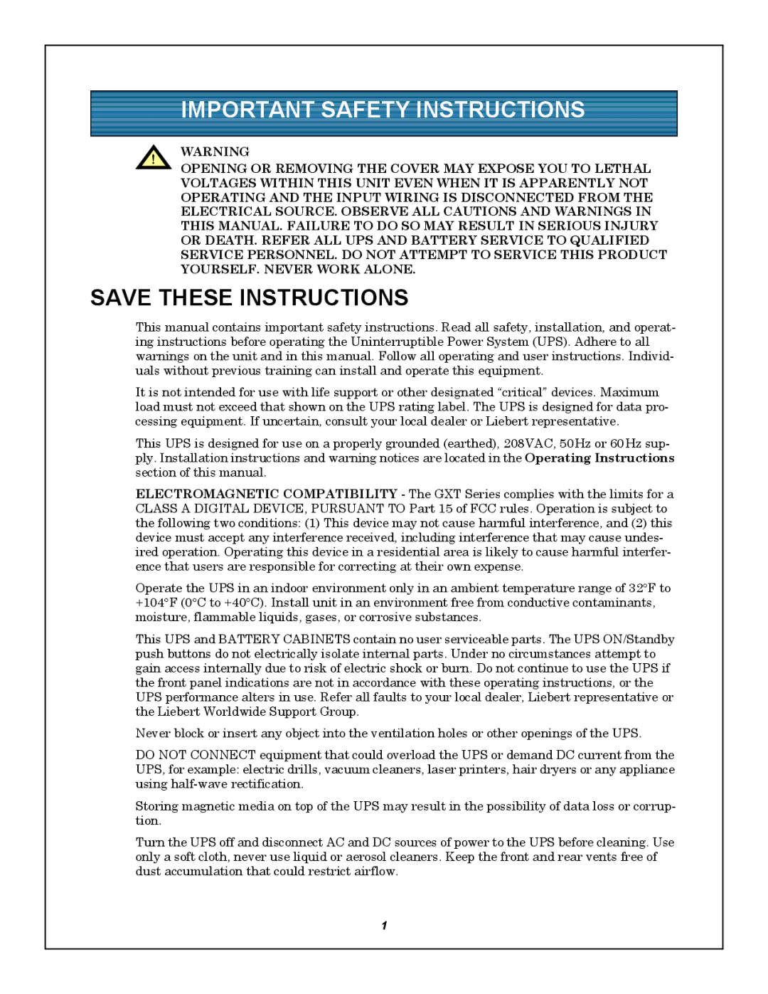 Emerson GXT5000R-208 user manual Important Safety Instructions 