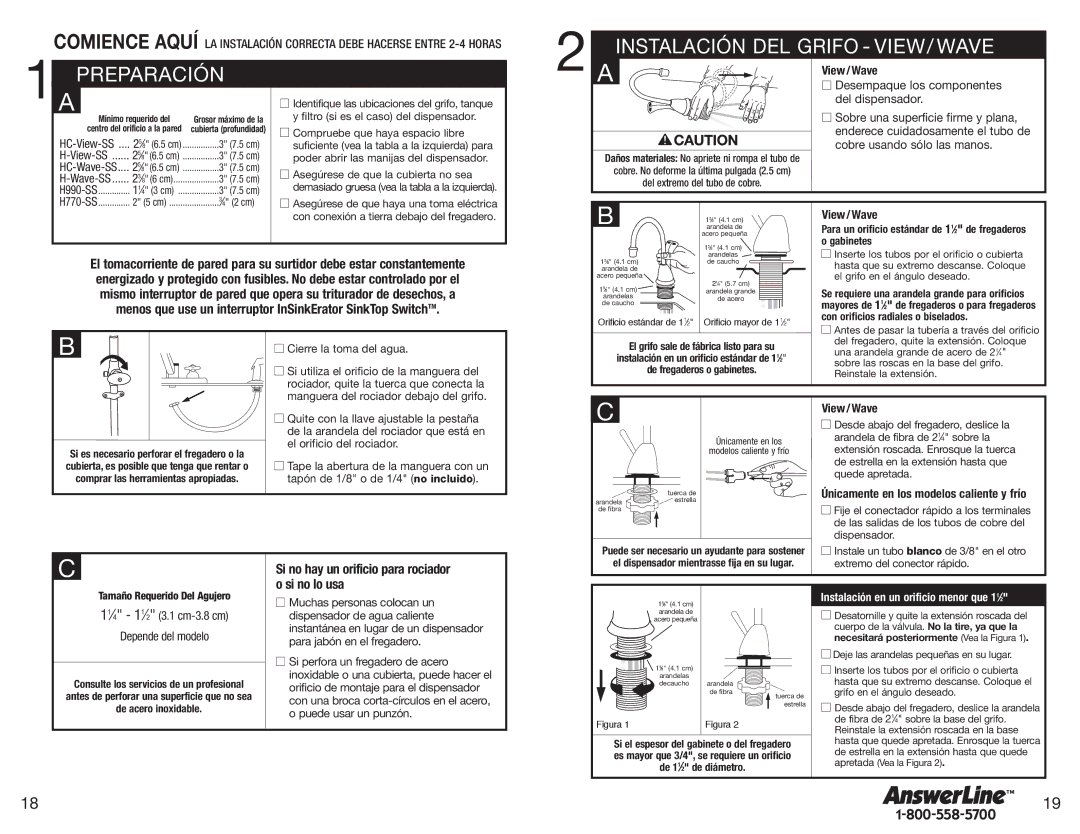 Emerson h990 owner manual 1APREPARACIÓN, Instalación DEL Grifo VIEW/ Wave, Únicamente en los modelos caliente y frío 