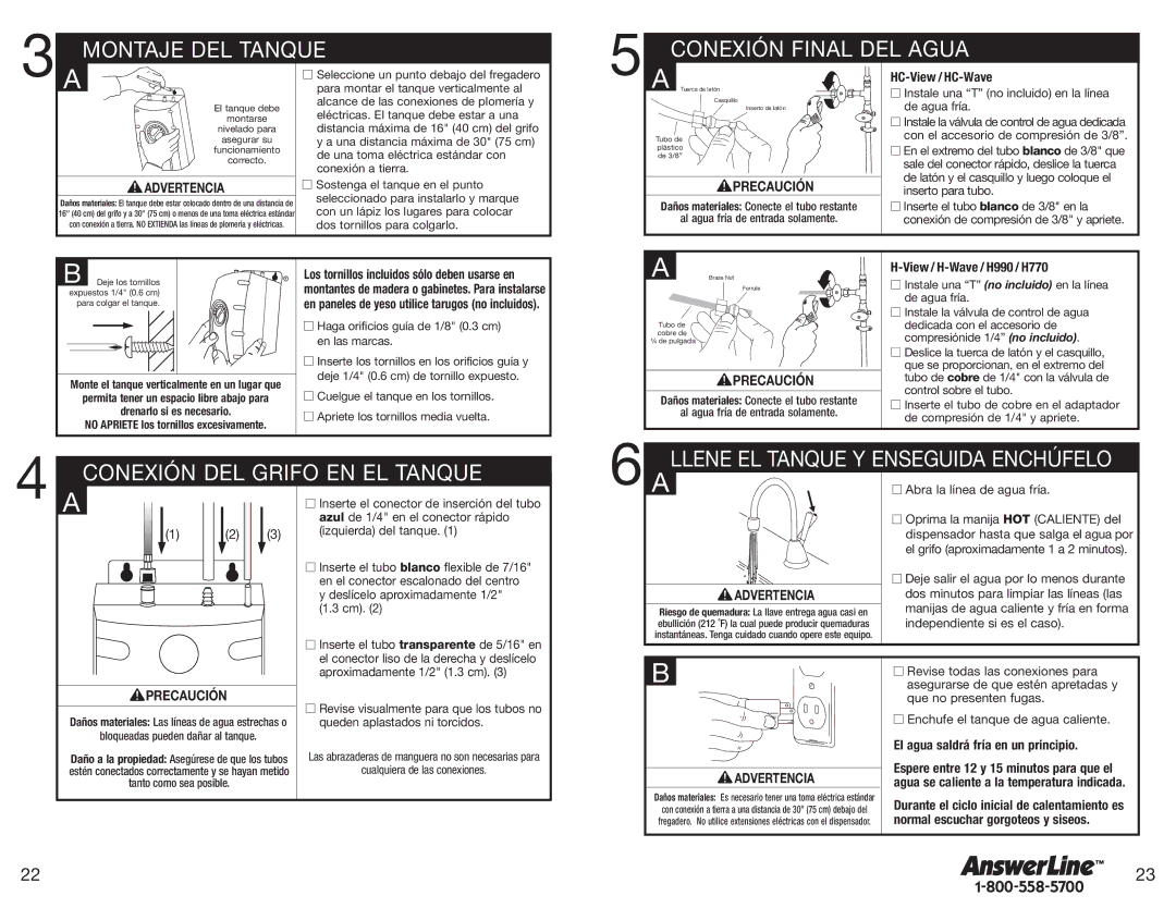 Emerson h990 owner manual Montaje DEL Tanque, Conexión Final DEL Agua, Conexión DEL Grifo EN EL Tanque 