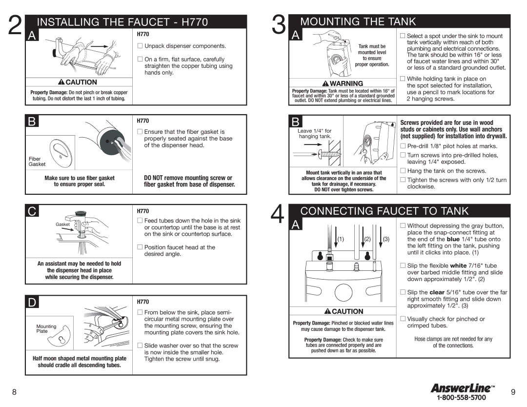 Emerson h990 owner manual Installing the Faucet H770, Mounting the Tank, Connecting Faucet to Tank 