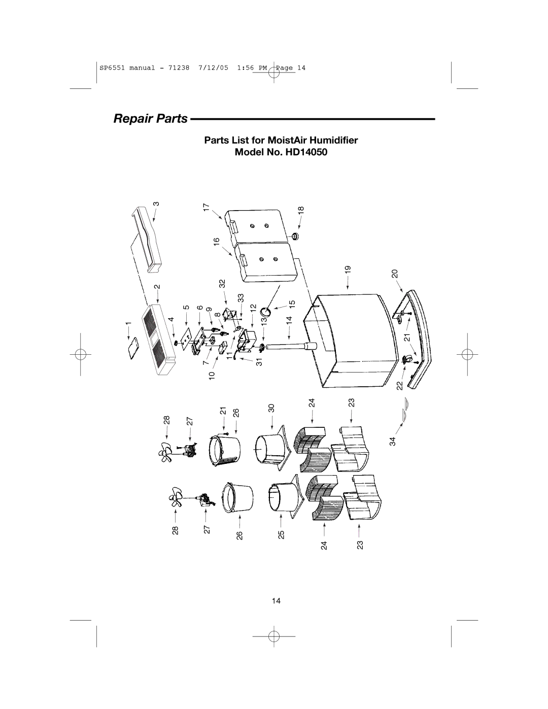 Emerson owner manual Repair Parts, Parts List for MoistAir Humidifier Model No. HD14050 