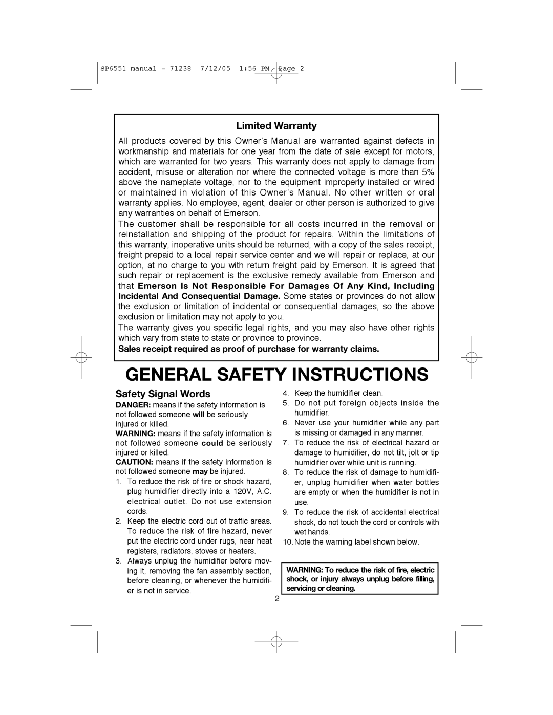 Emerson HD1405 owner manual General Safety Instructions 