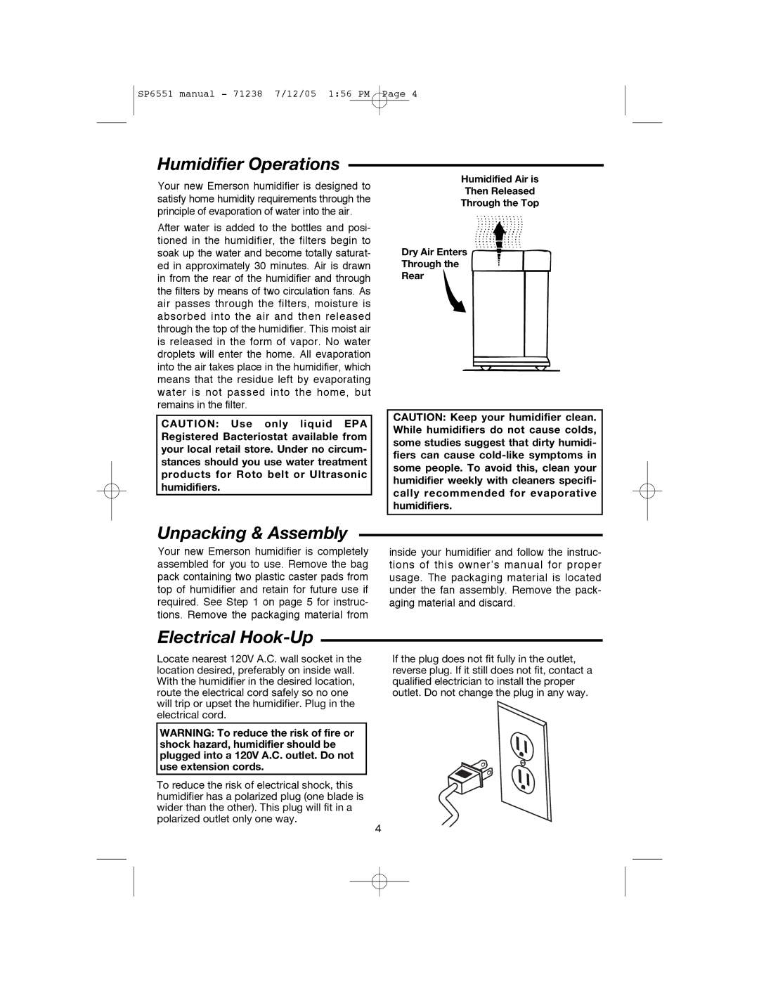 Emerson HD1405 owner manual Humidifier Operations, Unpacking & Assembly, Electrical Hook-Up 