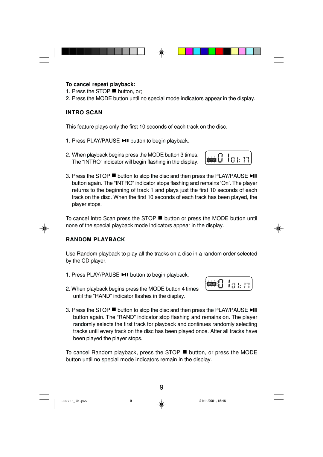 Emerson HD2700 owner manual To cancel repeat playback, Intro Scan, Random Playback 