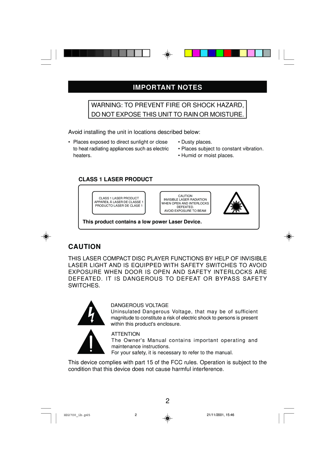 Emerson HD2700 owner manual Important Notes, Class 1 Laser Product 