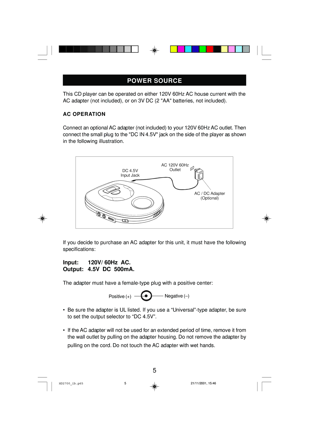 Emerson HD2700 owner manual Power Source, AC Operation 