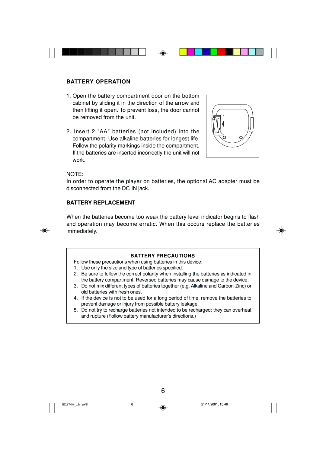 Emerson HD2700 owner manual Battery Operation, Battery Replacement 