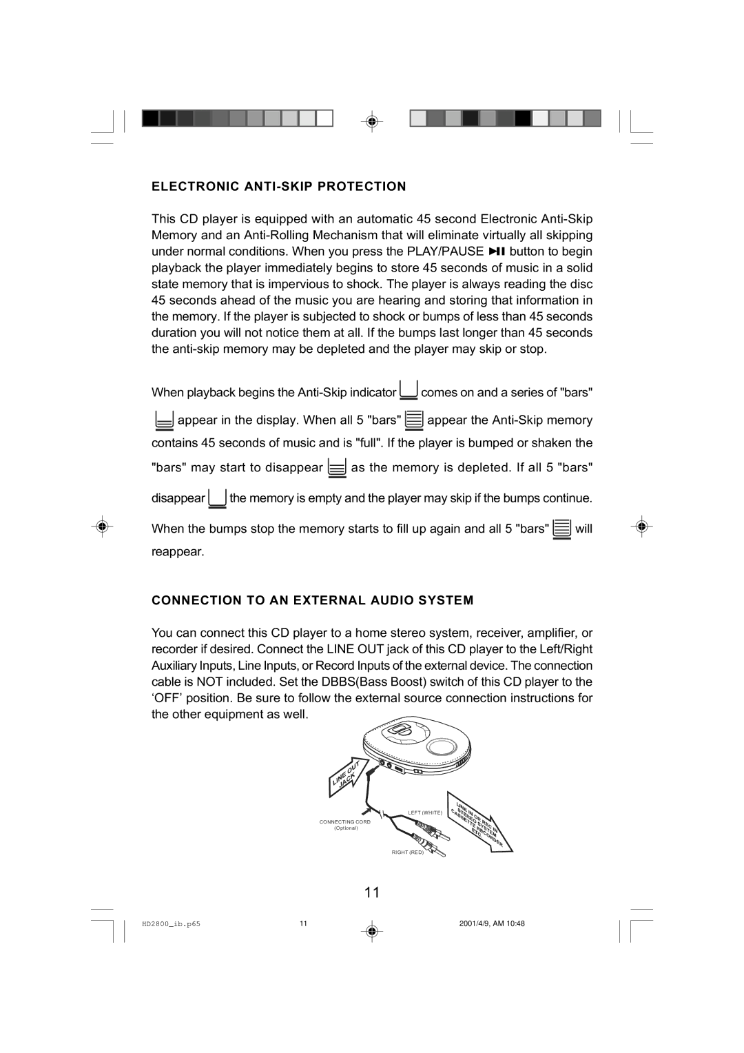 Emerson HD2800 manual Electronic ANTI-SKIP Protection, Connection to AN External Audio System 