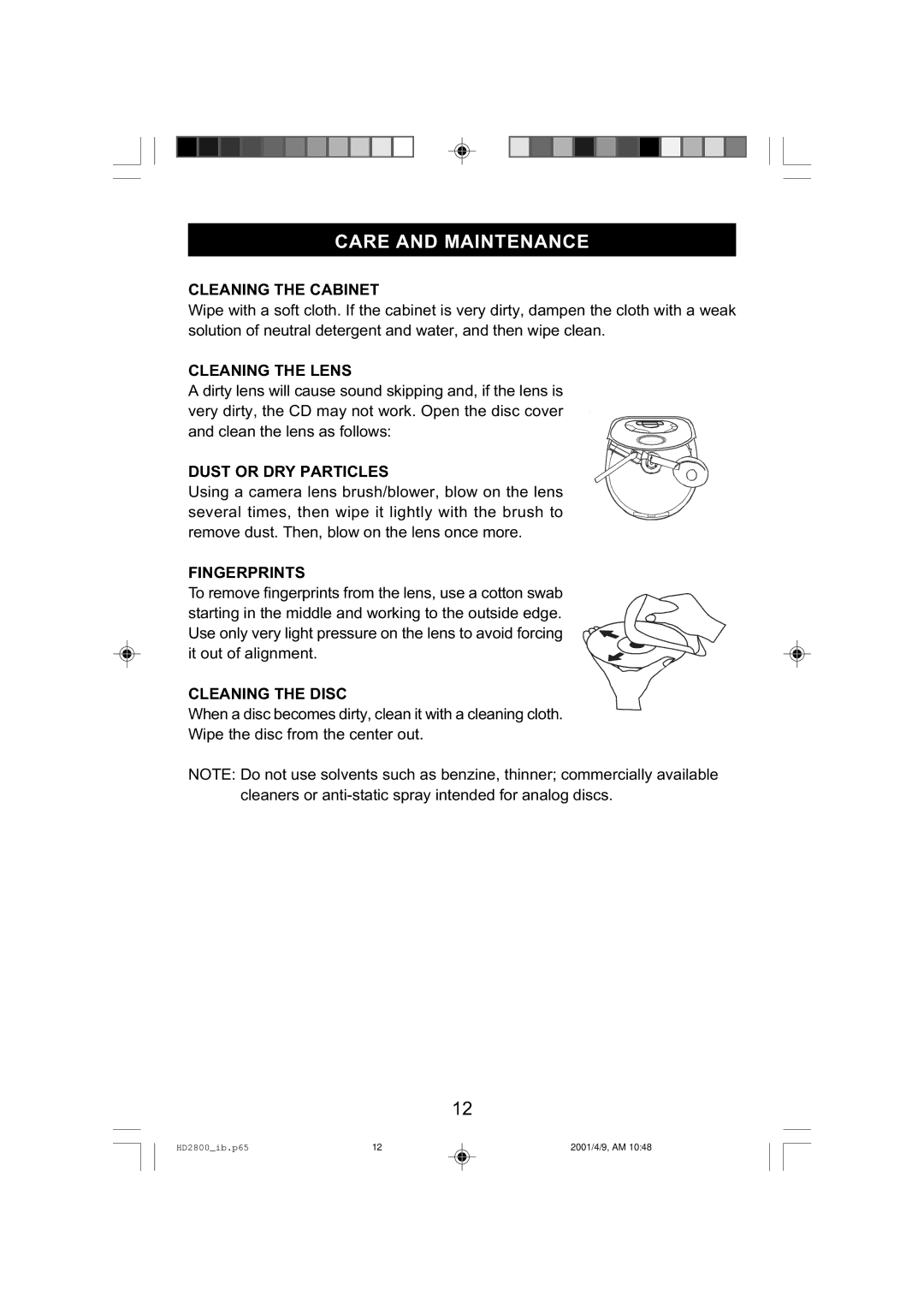 Emerson HD2800 manual Care and Maintenance 