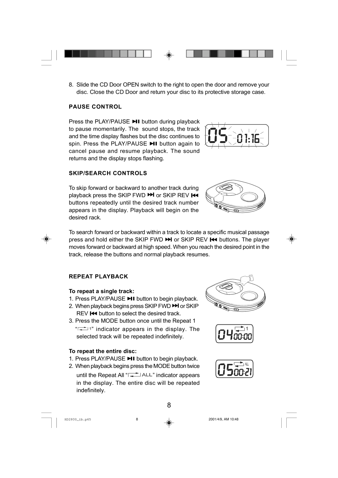 Emerson HD2800 manual Pause Control, SKIP/SEARCH Controls, Repeat Playback 