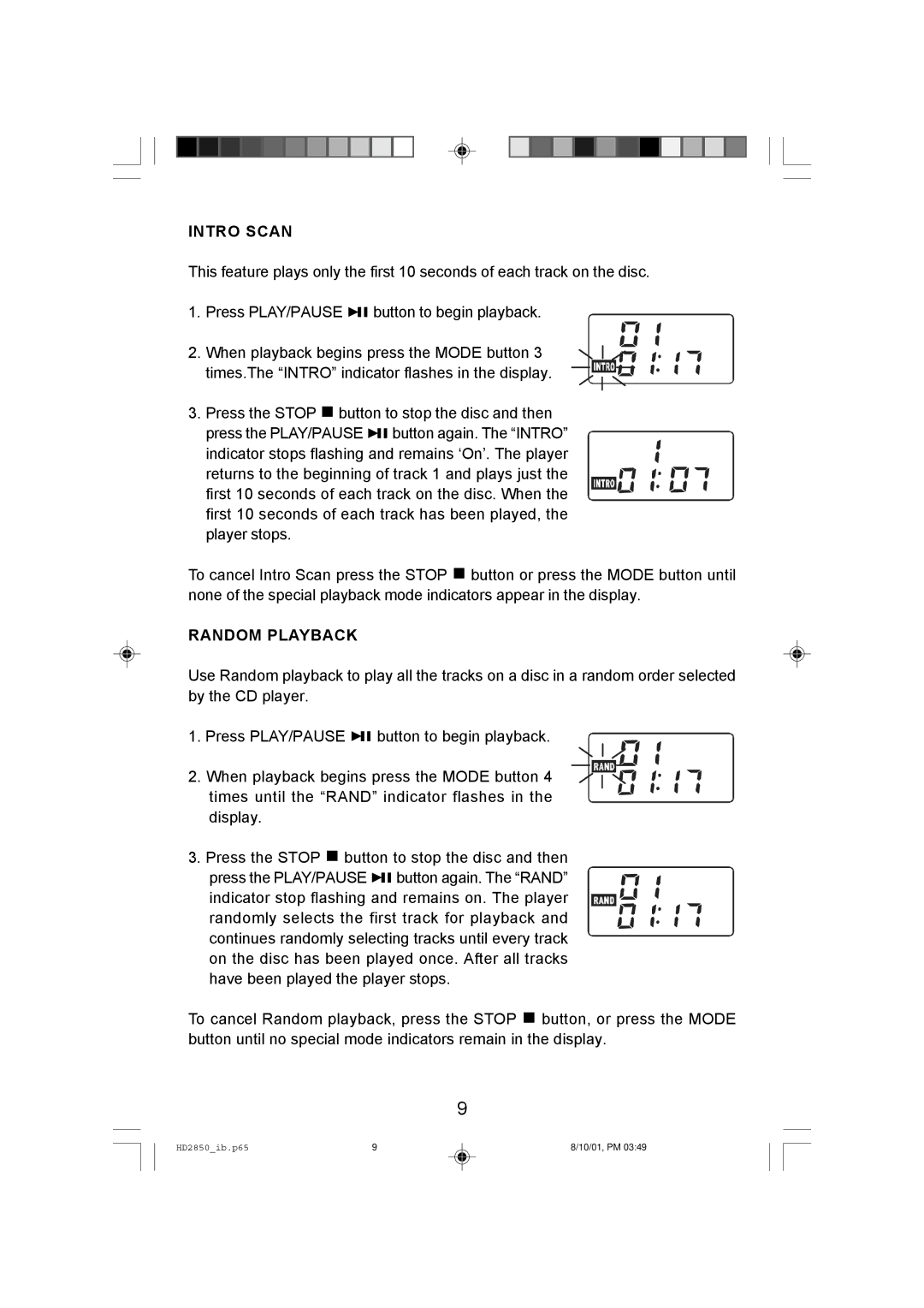 Emerson HD2850 owner manual Intro Scan, Random Playback 