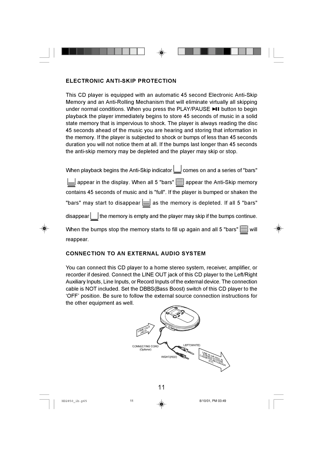 Emerson HD2850 owner manual Electronic ANTI-SKIP Protection, Connection to AN External Audio System 