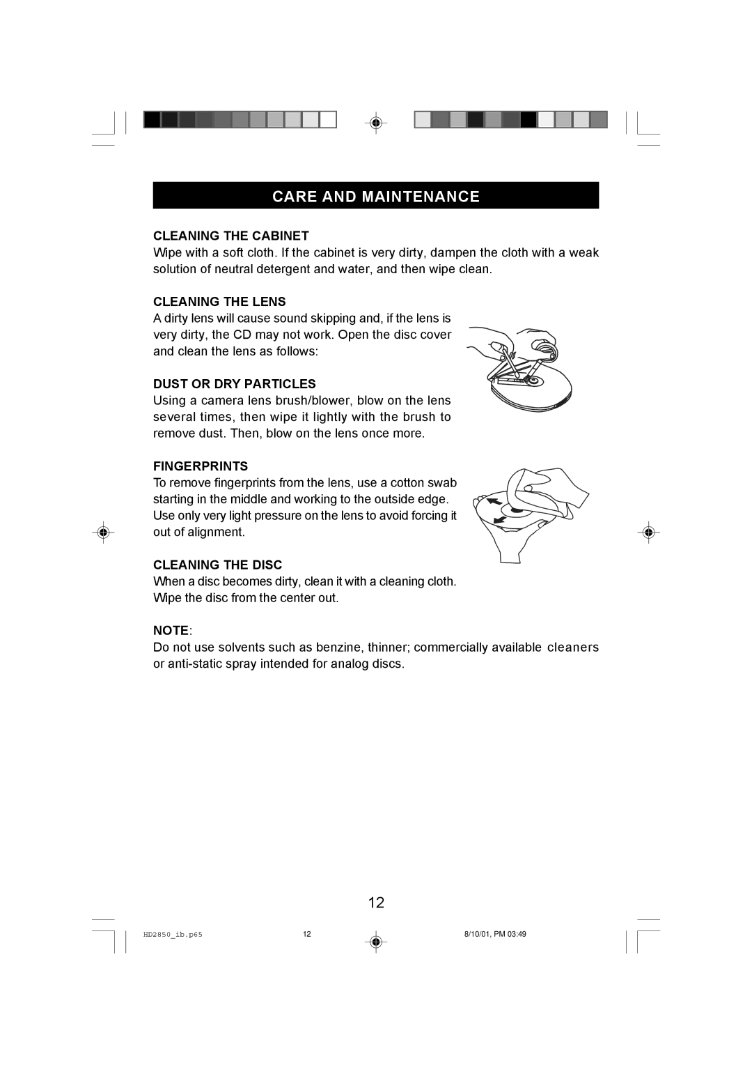 Emerson HD2850 owner manual Care and Maintenance 