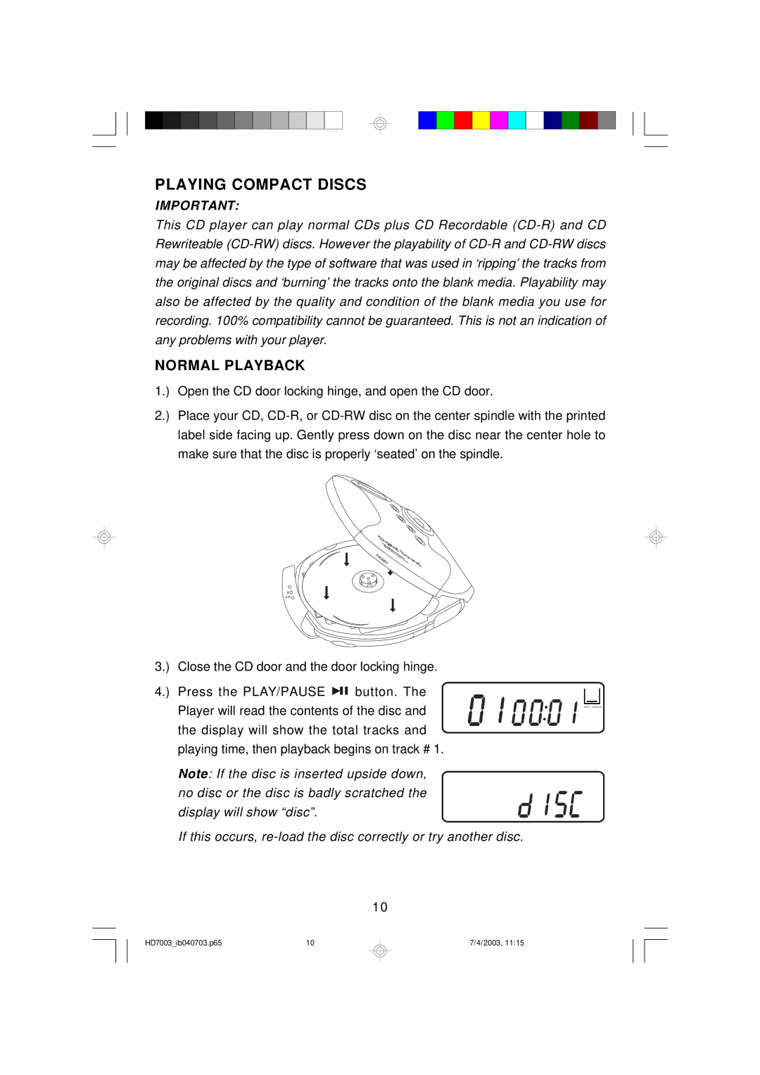 Emerson HD7003 owner manual Playing Compact Discs, Normal Playback 