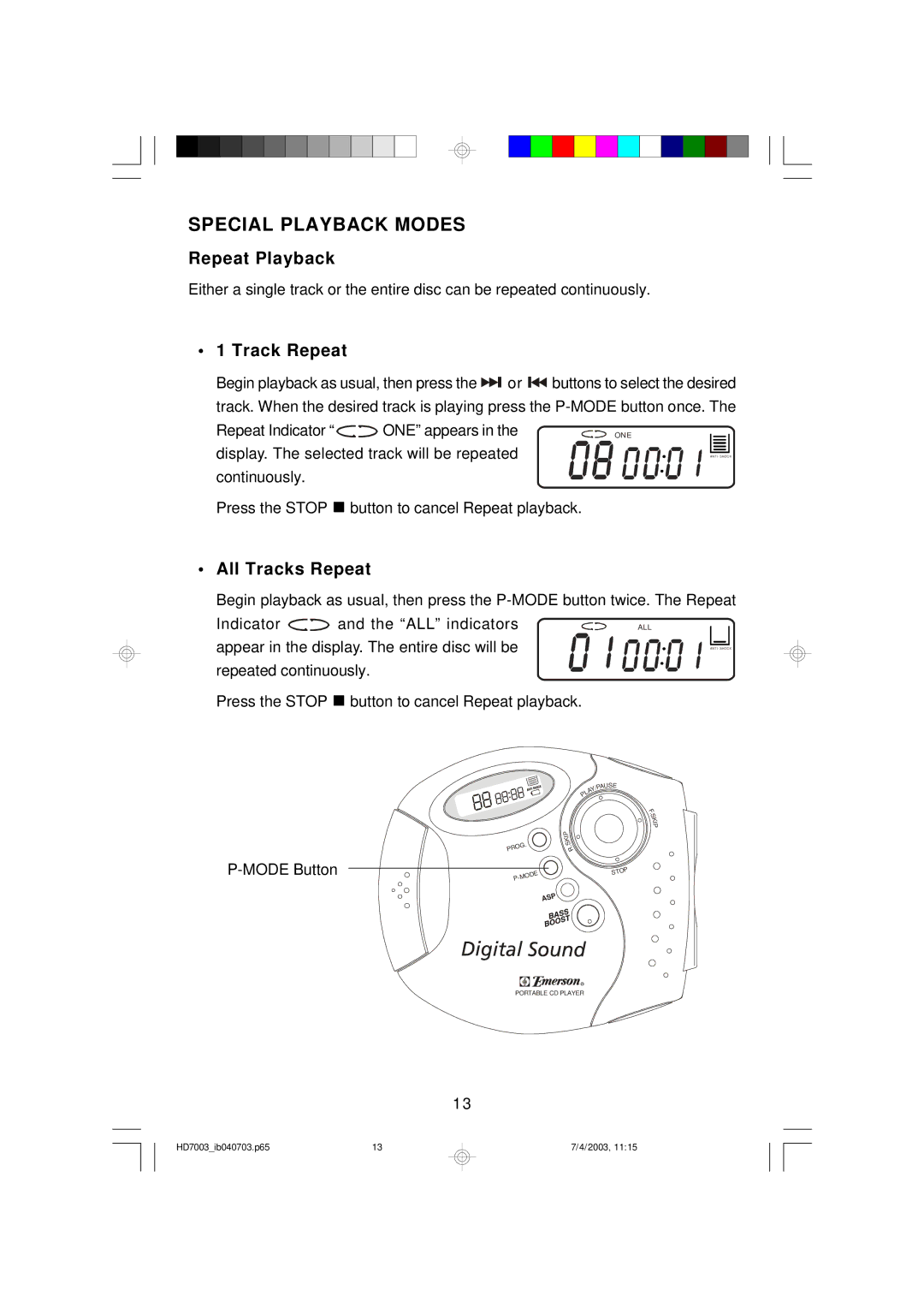 Emerson HD7003 owner manual Special Playback Modes, Repeat Playback, Track Repeat, All Tracks Repeat 